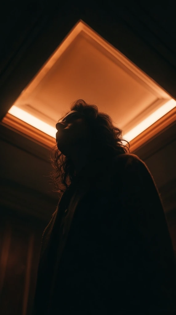 Low-angle silhouette of a person with wavy hair standing beneath a glowing recessed square ceiling fixture. Warm orange light contrasts against deep shadows. Cinematic chiaroscuro lighting, moody dark interior.