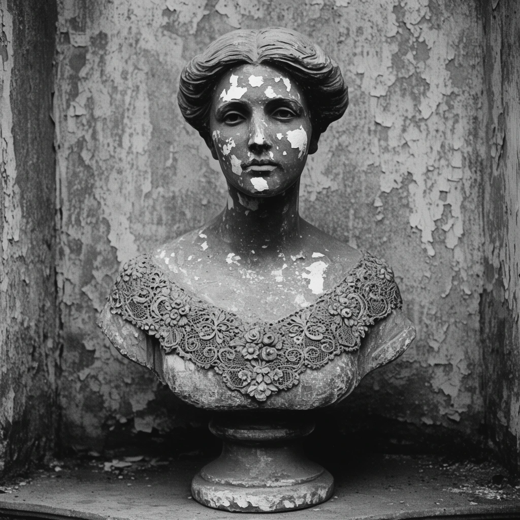 weathered plaster bust of a woman, frontal portrait, chipped and flaking surface, prominent white wear patches on face, ornate sculpted lace shawl with floral neckline, classic updo hairstyle, resting on a turned pedestal, placed against a decaying wall with peeling paint, black and white photography, high contrast, gritty texture, central framing