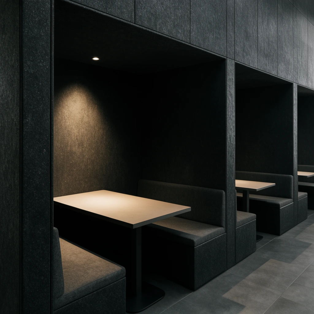 Dark, brutalist dining booths made of textured charcoal-grey panels define a minimalist interior. Inside the primary enclosure, a light-beige rectangular table sits between matching cushioned benches. An overhead spotlight casts a dramatic warm glow onto the tabletop, contrasting sharply with the deep surrounding shadows. Identical booths repeat in perspective to the right over matte grey floor tiles, captured with strict orthogonal lines.