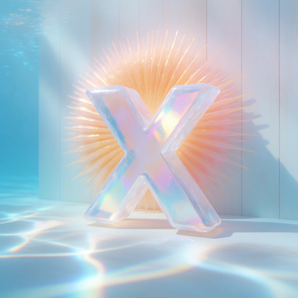 large letter x positioned centrally in the foreground, crafted from translucent iridescent crystal with shimmering pearlescent finishes, backed by a circular radiant sunburst pattern in soft peach and marigold tones, set against a backdrop of pale vertical wooden planks, the entire scene submerged in a serene cerulean aqueous environment, soft-focus ethereal lighting, dancing underwater caustics at the base, suspended dreamlike atmosphere, low-contrast pastel palette, ethereal clarity.