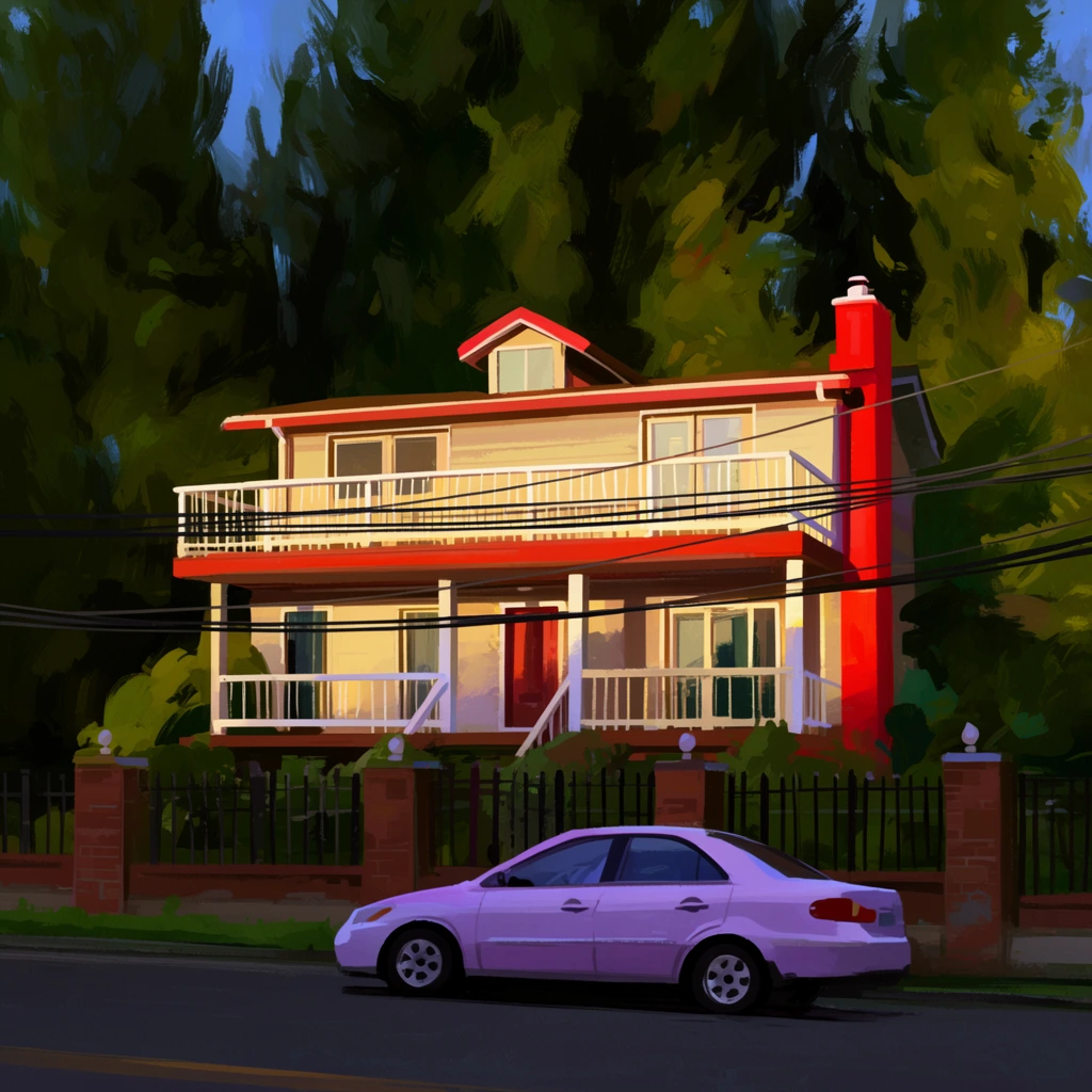 A painterly digital illustration captures a suburban house bathed in golden hour sunlight against a backdrop of towering dark green trees. The home features light beige siding, red trim, white balconies, and a prominent bright red chimney behind a brick and iron fence. A pale purple sedan parks on the asphalt street in the foreground below horizontal power lines. Rendered with thick, expressive brushstrokes, the artwork highlights stark lighting contrasts. Warm yellow sunlight on the facade pops against the deep, cool shadows of the dense forest, creating rich atmospheric depth.