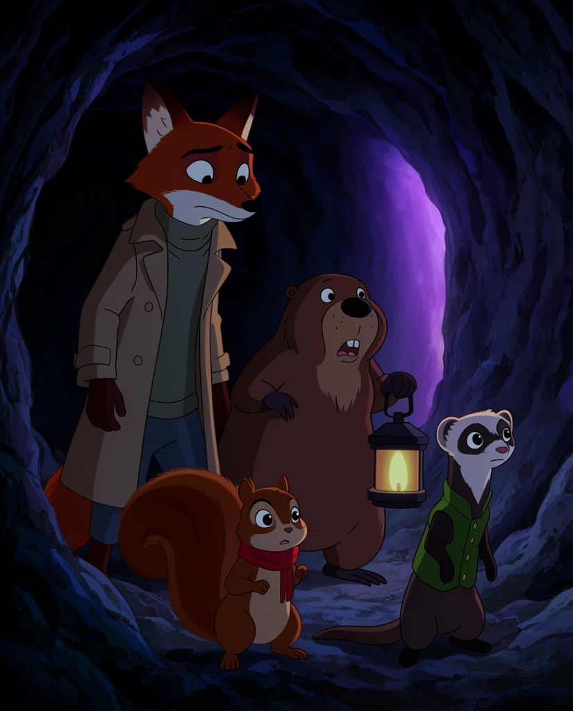 Four anthropomorphic animals peer anxiously into a cavernous hollow illuminated by a sliver of purple light. A tall fox in a trench coat stands behind a plump beaver holding a lantern. In the foreground, a squirrel wearing a red scarf and a slender ferret in a green vest look wide-eyed toward the mysterious glow. The scene features a traditional 2D animation style with cel-shaded coloring, heavy cool shadows, and dramatic low-key lighting creating a suspenseful atmosphere.