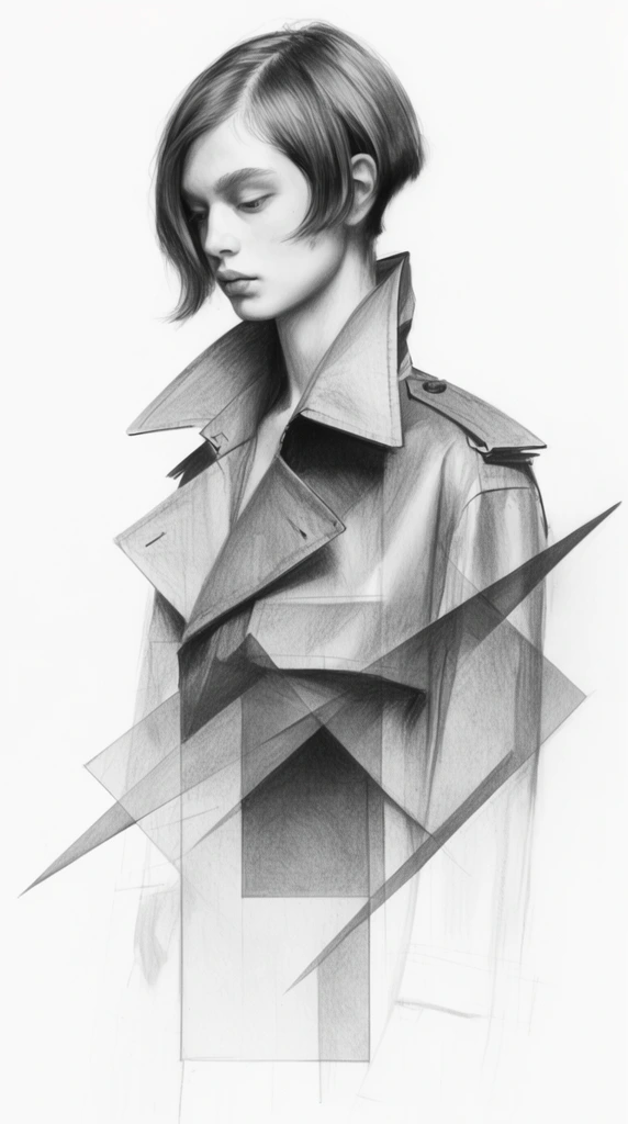 monochrome graphite sketch portrait of a young androgynous model with an asymmetrical bob cut, three-quarter view looking down, structured avant-garde trench coat with high oversized lapels, realistic charcoal shading, overlapping translucent gray rectangles and sharp diagonal diamond shapes slicing through the lower torso, fragmented graphic design blending with classical portraiture, stark white background, high contrast