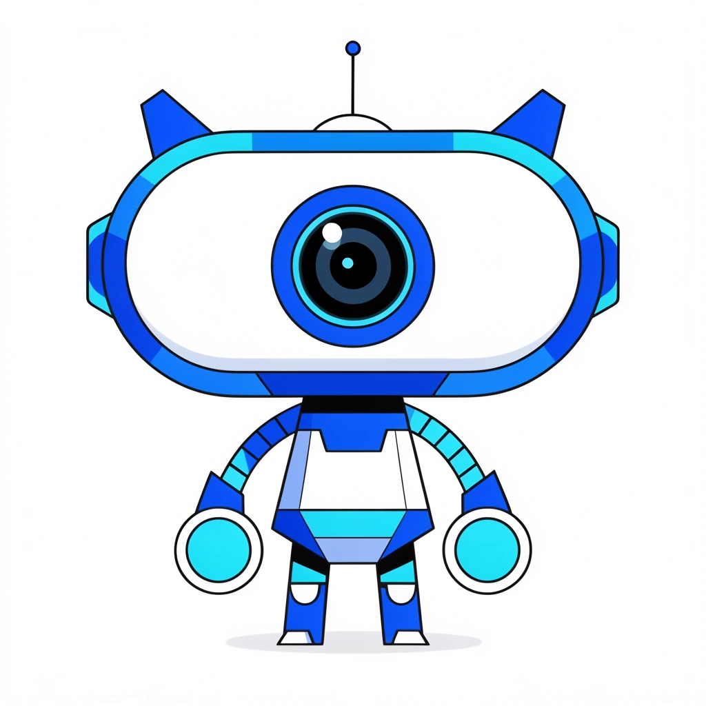 A 2D vector illustration of a robotic character with an oversized pill-shaped head and a single central camera-lens eye. The robot features a stark white, vibrant blue, and cyan color palette with crisp black outlines. Details include small angular ears, a thin antenna, a compact geometric torso, segmented arms ending in flat circular hands, and short legs. The flat, stylized design is centered on a pure white background with a minimal drop shadow.