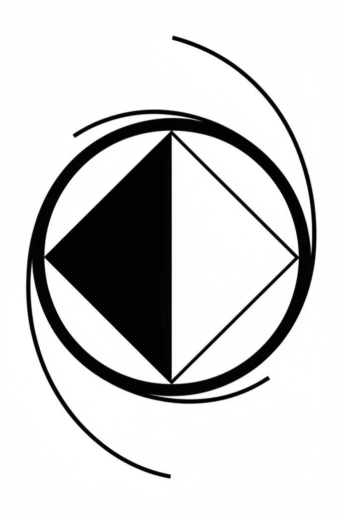 A minimalist black-and-white geometric composition featuring a central diamond split vertically, with a solid left triangle and an outlined rightward chevron. A thick, continuous black ring encloses this core. Two thinner disconnected arcs orbit the exterior, sweeping across the top right and bottom left against a pure white background, generating dynamic rotational tension and sleek asymmetry.