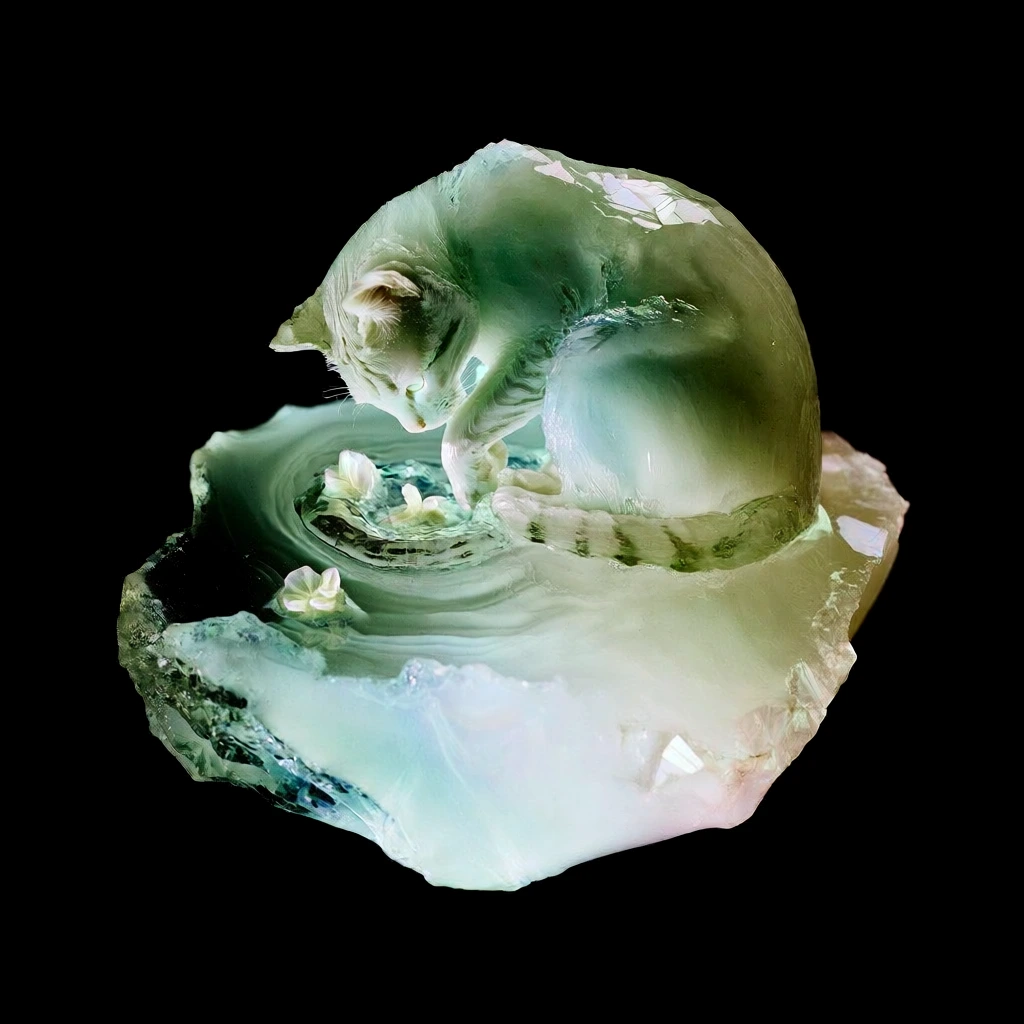 curled cat in a fetal pose floating centrally within a translucent pool of water, precise concentric circular ripples rendered with sharp glassy ridges, three minuscule delicate flowers on the surface, the entire composition sculpted from raw conchoidal slag glass, gradient of deep sage green to pale mint and icy cyan, internal light diffusion, sharp mineral facets and internal fractures, high-contrast studio lighting, isolated against a void-like pure black background, hyper-detailed macro.