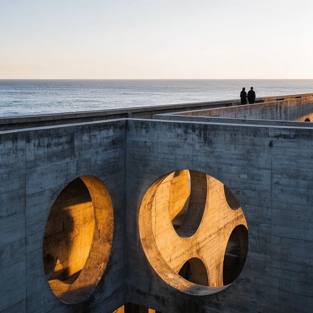 A massive brutalist concrete coastal structure featuring intersecting grid-like walls and large circular cutouts overlooks a calm ocean beneath a pale clear sky. Two small silhouette figures stand on the top right walkway, highlighting the vast scale of the architecture. Intense golden sunlight strikes the inner surfaces of the circular voids, creating a vivid contrast against the rough, weathered cool gray concrete in shadow. The architectural composition uses strong horizontal lines leading toward a flat sea horizon, captured with a deep depth of field and strong interplay of light and geometric forms.
