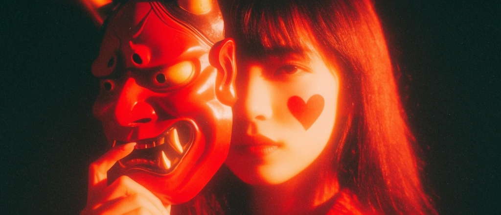 A woman with a heart on her cheek holds an oni mask covering half her face, illuminated by intense, fiery red and glowing orange side-lighting against a pitch-black background. Stark shadows cast her features into a partial silhouette. The visual style mimics retro analogue photography with heavy film grain, soft focus, hazy light leaks, and overexposed warm highlights. The highly saturated crimson and black palette creates dramatic chiaroscuro and a dense, atmospheric texture.