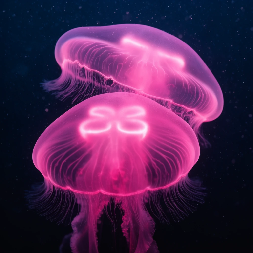 translucent glowing neon pink jellyfish floating in a deep dark abyss, vibrant magenta bioluminescence illuminating delicate trailing tentacles, visible internal glowing clover-shaped structures, secondary jellyfish bell positioned above, dark navy to pitch-black background, scattered tiny white marine snow, macro underwater photography, ethereal atmosphere, high contrast
