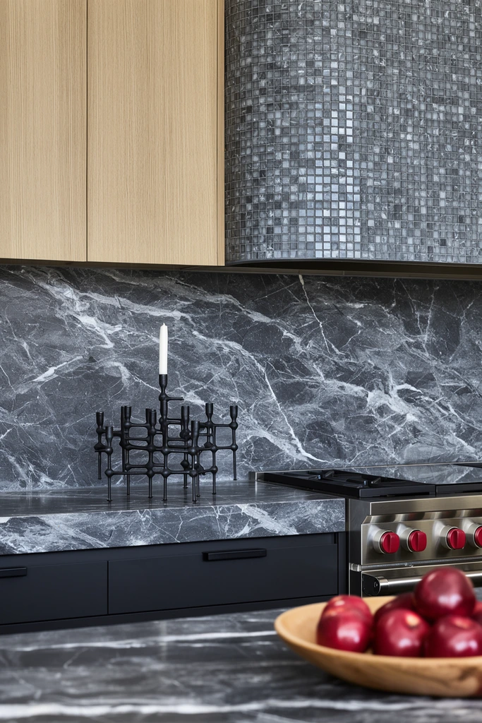 A luxurious modern kitchen features a striking dark grey marble backsplash and countertop detailed with bold white veining. A curved range hood clad in shimmering grey mosaic tiles dominates the upper center, flanked by minimalist light oak cabinets. Below the thick stone counter, matte black drawers provide a sleek foundation. An avant-garde geometric black metal candelabra holding a single white candle sits near a stainless steel stovetop with red knobs. In the soft-focus foreground, a wooden bowl displays glossy red apples. The architectural photography uses diffused lighting to emphasize the rich interplay of stone, wood, and tile textures.