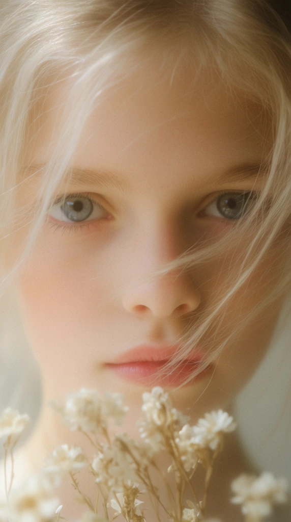extreme close-up portrait of a fair-skinned youth, wispy pale blonde hair sweeping across the face, piercing light grey-blue eyes looking directly at the camera, soft pink lips, out-of-focus white dried flowers in the immediate foreground just below the chin, soft diffused warm atmospheric lighting, dreamy pastel color palette, shallow depth of field, blurred neutral background, ethereal editorial photography, soft focus texture
