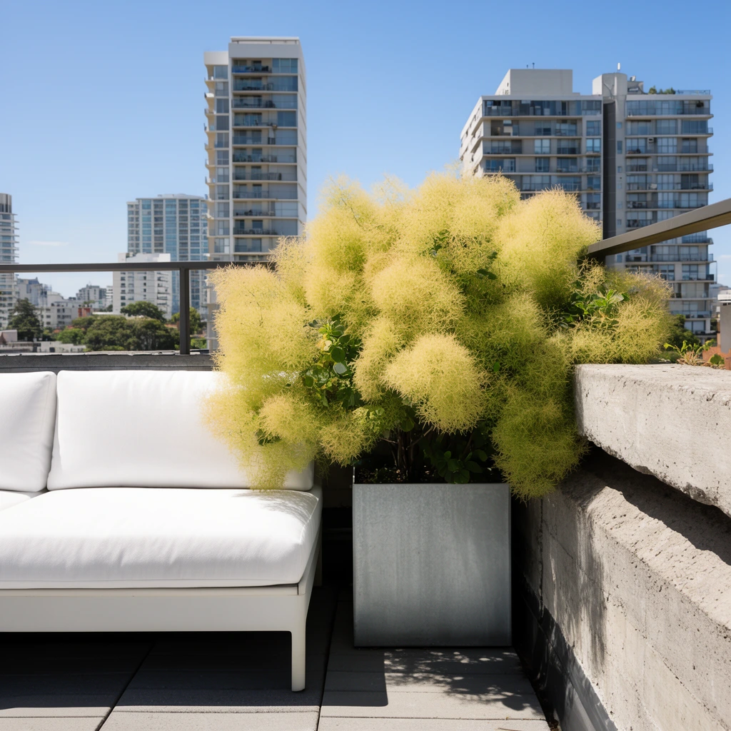 Rooftop terrace, modern white cushioned sofa, gray metal planter, fluffy yellow-green smoke bush, textured concrete ledge, urban high-rises, clear blue sky, bright daylight