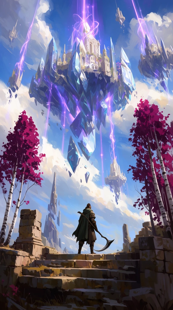 A cloaked ranger wielding a curved scythe stands on ruined stone steps gazing into a vast sky. Colossal floating crystalline palaces and shattered spires hover among white clouds, emitting pulsating violet energy beams. Tall birch trees with magenta leaves frame the foreground's ancient masonry. Rendered as sweeping cinematic digital concept art with expressive brushstrokes and brilliant ethereal lighting.