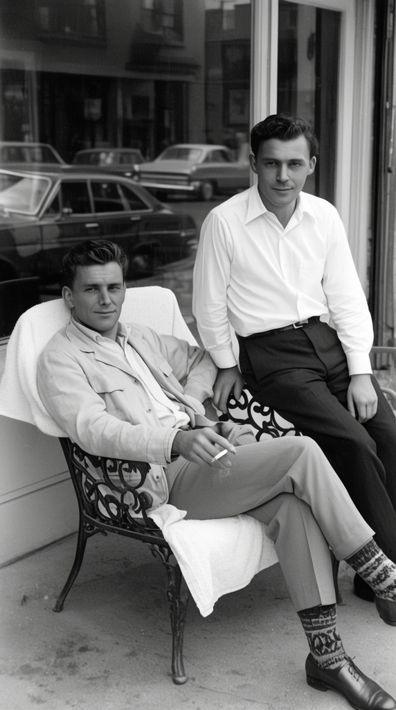 Two men pose casually inside a bright storefront in a vintage black and white photograph. One man reclines in an ornate metal chair draped with a white towel, wearing a light jacket and patterned socks while holding a cigarette. The second man leans against the chair in a crisp white button-down shirt and dark trousers. Both face the camera with relaxed expressions. A large glass window behind them reflects parked cars on the street, captured in a sharp documentary style with ambient daylight.