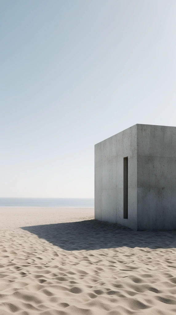 A stark, rectangular concrete building sits on a rippled sandy beach beneath a vast, pale blue sky. Positioned on the right, the monolithic structure features a single narrow vertical slit and casts a long sharp shadow across the dunes toward the calm ocean horizon in a minimalist architectural composition.