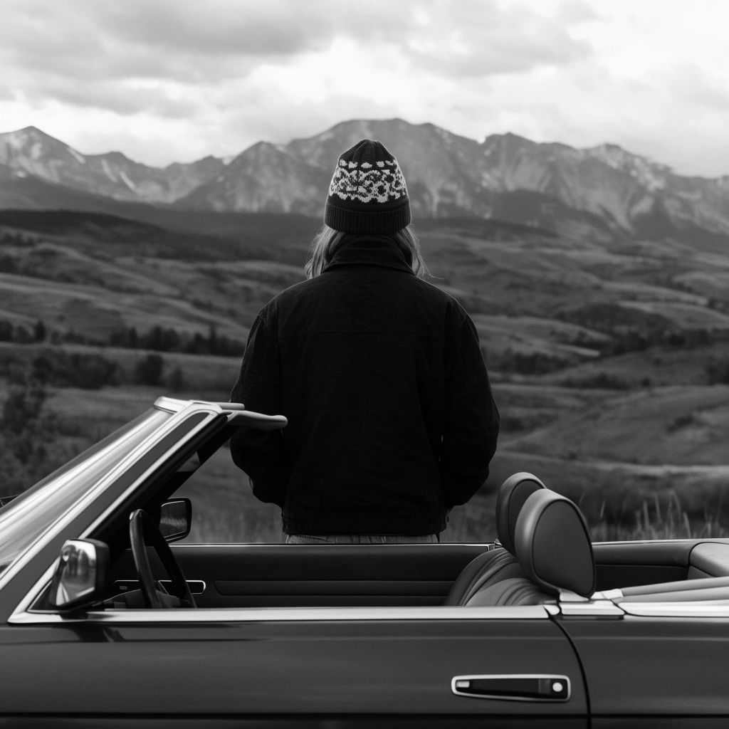 back view of person facing mountains, dark jacket, patterned beanie, classic convertible car foreground, rolling hills, black and white photography, cinematic