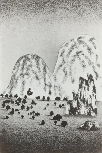 Textured Monochrome Surrealism style reference image — stippled halftone texture