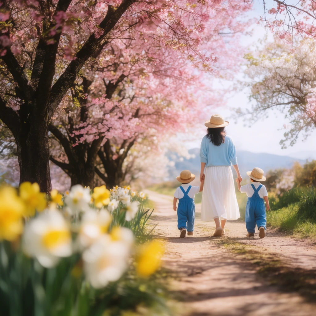 A woman and two small children in straw hats walk hand-in-hand away from the viewer down a sunlit dirt path lined with dark-barked trees blooming with pink and white cherry blossoms. The woman wears a light blue top and a flowing white skirt, accompanying toddlers dressed in matching white shirts and blue overalls. Heavily blurred yellow and white daffodils frame the extreme lower-left foreground, establishing a strong shallow depth of field. Warm dappled sunlight filters through the lush floral canopy, casting soft shadows on the trail. The serene scene is captured from a low camera angle, drawing the eye down the gently curving path toward distant hazy hills under a bright, idyllic sky.