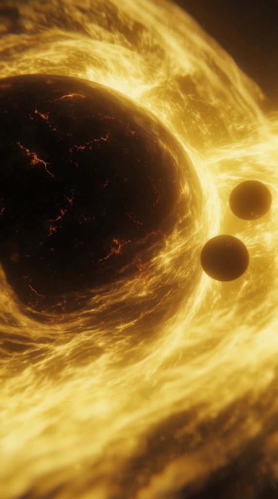 A massive dark celestial sphere engulfed in swirling golden plasma dominates a chaotic cosmic void. The colossal obsidian planet features a scorched surface marked by glowing orange fissures. Intense, turbulent waves of blinding yellow energy wrap around the central body, creating a radiant cosmic storm. To the right, two smaller dark spheres orbit as distinct silhouettes against the searing light. Rendered in a cinematic 3D style with extreme contrast and vivid bloom effects, the macro-cosmic perspective uses a shallow depth of field to blur the sweeping outer arcs of gas. The monochromatic amber and black color palette emphasizes the immense scale and intense heat of the celestial event.