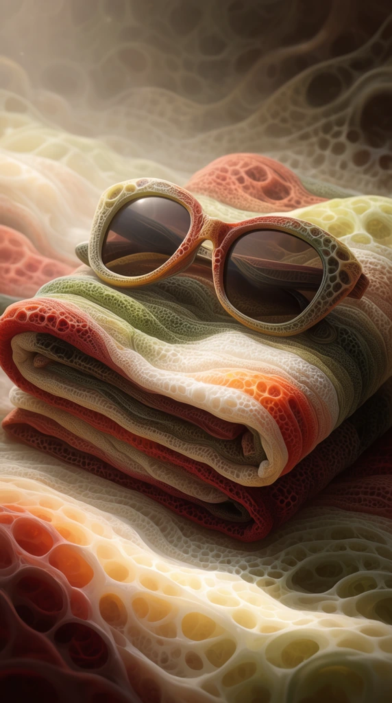 A centrally positioned folded towel, bearing a pair of sunglasses on its top surface, is rendered entirely through hyper-detailed, biomorphic, and cellular textures. The overlapping layers of the folded towel form sweeping, undulating ridges and deep crevices, its material constructed from a reticulated, honeycombed structure resembling porous organic membranes and intricate microscopic webs. Smooth color gradients flow across these undulating forms, transitioning vividly between deep rust reds, burnt oranges, pale cream, muted olive, and pale greenish-yellows. Resting securely atop these organic folds, the sunglasses feature thick, curvilinear frames adorned with similar scaly, fractal-like patterns. The dark lenses provide a smooth structural contrast, catching soft, ethereal highlights from the ambient illumination. The resting surface and surrounding environment extend into a sweeping, deep focal perspective, echoing the exact same macroscopic, spongy cellular geometries. Volumetric, glowing internal luminescence bathes the scene, creating dramatic contrasts between the brightly illuminated pale ridges and the deep, sepia-toned shadows lurking within the porous cavities. The composition utilizes a highly intricate digital painting and 3D algorithmic rendering technique, defined by crisp cellular borders, fluid biomorphic shapes, and a meticulously textured, surreal aesthetic.