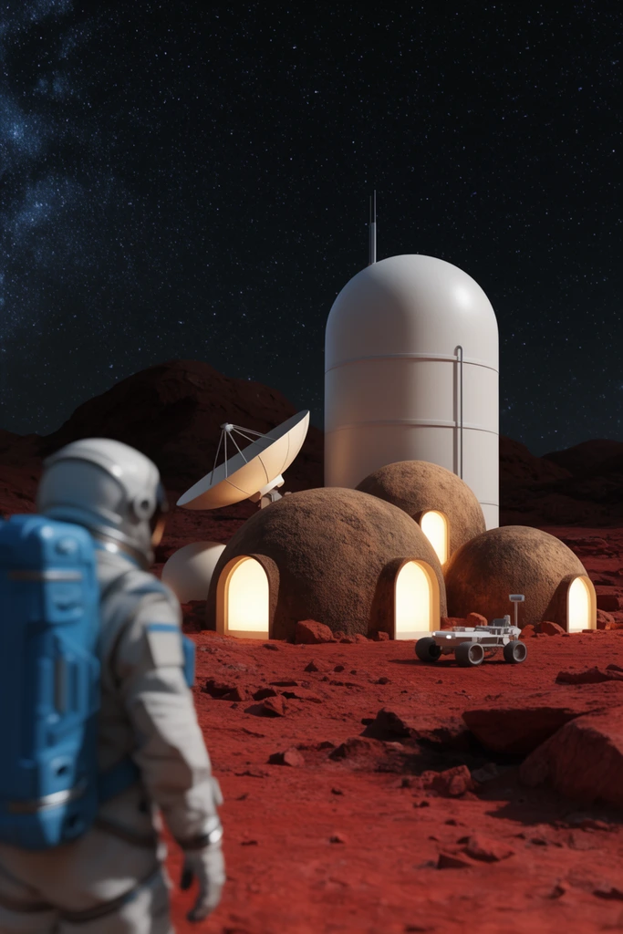 A glowing extraterrestrial base on a red rocky landscape under a starry night sky. The settlement features three textured brown dome habitats, a tall white domed cylinder, a satellite dish, and a small parked rover. In the blurred left foreground, an astronaut with a blue backpack looks toward the starkly illuminated 3D rendered outpost.