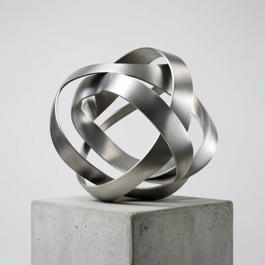 A contemporary abstract sculpture of intertwining brushed metal bands rests on a textured concrete plinth against a seamless light grey studio backdrop. The smooth, ribbon-like metallic loops weave through one another forming a dynamic, spherical knot. Diffused studio lighting creates smooth gradient highlights along the satin-finished curves of the interlocking silver-toned rings. The complex geometry is perfectly centered atop a solid cuboid base of porous, pale grey concrete. Shot from a straight-on perspective with pristine minimalist framing, the photograph emphasizes the high-contrast aesthetic between the sleek, flowing industrial metal and the raw, heavy solidity of the pedestal.