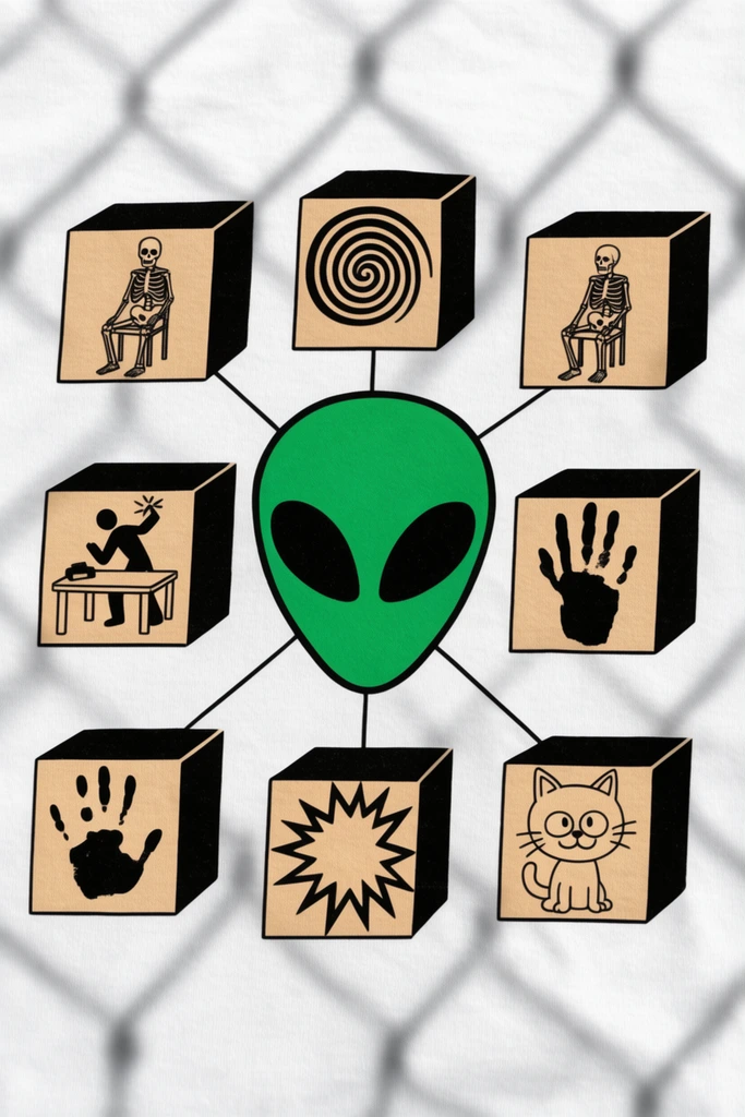 graphic on white fabric, central green alien face, radiating lines connecting to six tan 3D cubes, black line illustrations inside cubes of a seated skeleton, spiral, figure smashing desk, handprint, cartoon cat, jagged star, flat contrasting colors, chainlink fence shadow overlay