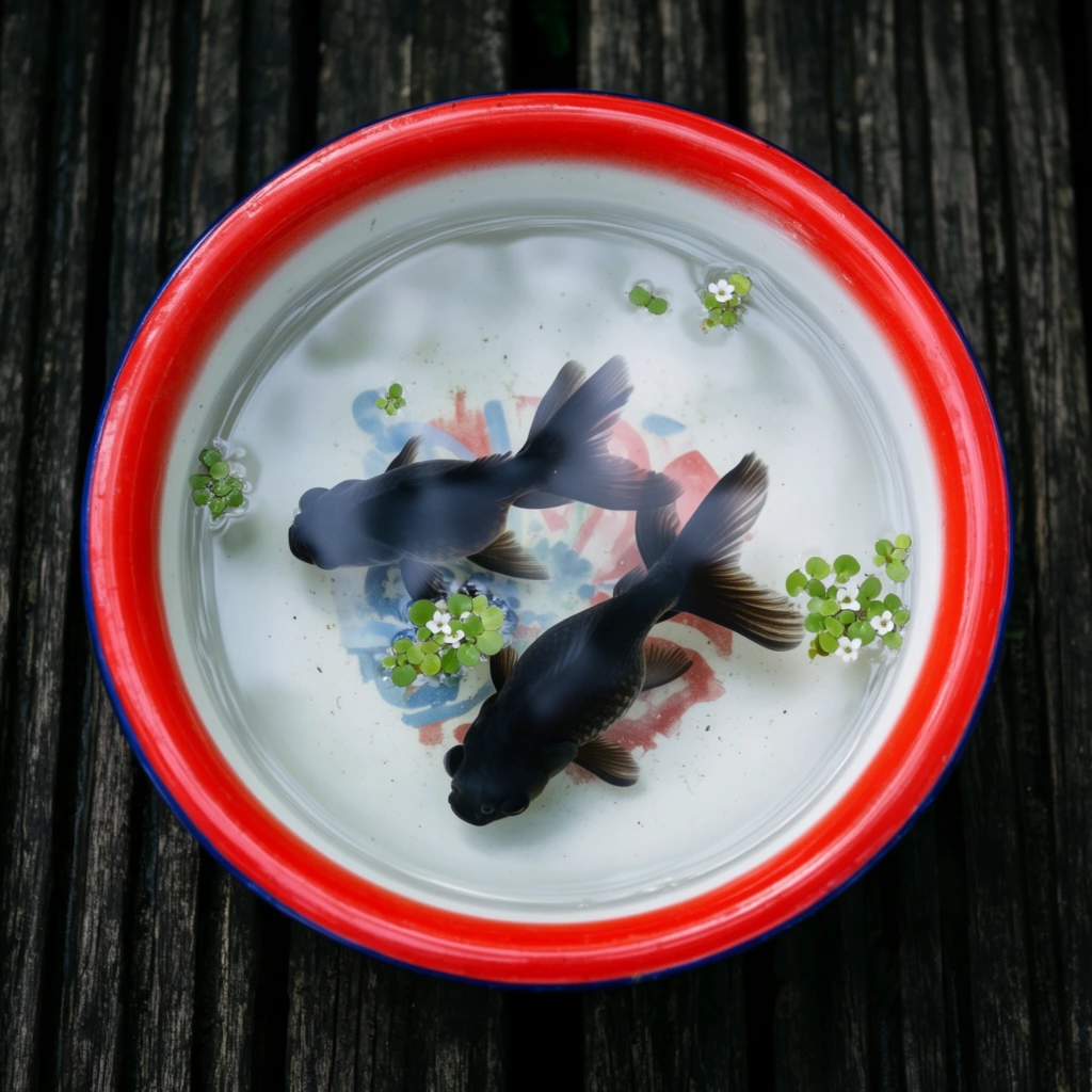 Two black fancy goldfish swim in a shallow white bowl featuring a thick red rim and thin blue outer edge, viewed from directly above. Clear water fills the basin, supporting small floating green aquatic plants and tiny white flowers. The bowl's interior bottom displays a faded painted pattern of red and blue shapes beneath soft water surface reflections. The vessel rests on a dark, heavily textured slatted wooden surface with deep vertical grain. The overhead composition highlights vivid contrast between the bright red rim, deep black fish, and shadowed wood background under soft natural lighting.
