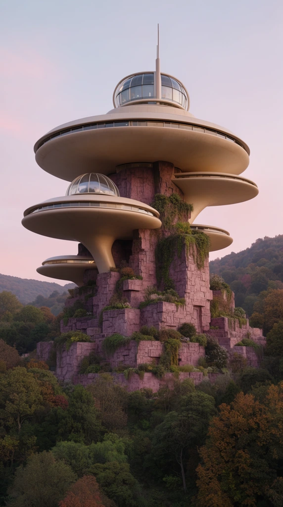 A towering retro-futuristic architectural complex rising from a densely forested hillside under a soft pale pink and blue twilight sky. The monumental structure features a rugged, mauve-toned stone core terraced with creeping vines and foliage. Protruding boldly from this central mass are multiple smooth, beige, saucer-shaped cantilevered platforms. The topmost circular tier is crowned with a framed glass observatory dome and a slender vertical antenna, while a secondary glass dome sits on a lower disc. Thin horizontal windows punctuate the curved rims of the smooth cantilevered structures. Dense canopies of green and autumnal trees surround the towering base, blending into rolling hills in the background. The low-angle establishing shot utilizes photorealistic lighting to emphasize the striking juxtaposition of rough brutalist masonry against sleek, space-age geometry.
