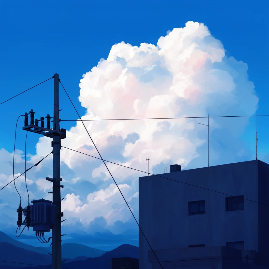 A vibrant azure sky and a towering, sunlit cumulonimbus cloud rise behind shadowed urban infrastructure. On the left, a tall utility pole equipped with a transformer and insulators sends thin black power lines intersecting sharply across the frame. To the right, a flat-roofed concrete building stands in deep indigo silhouette, featuring small rectangular windows and thin antennas. Distant dark blue mountains line the lower horizon. Rendered as an anime-style digital painting, the composition contrasts the rigid, geometric shapes of the foreground city elements with the soft, voluminous textures of the colossal white and subtly pink cloud.