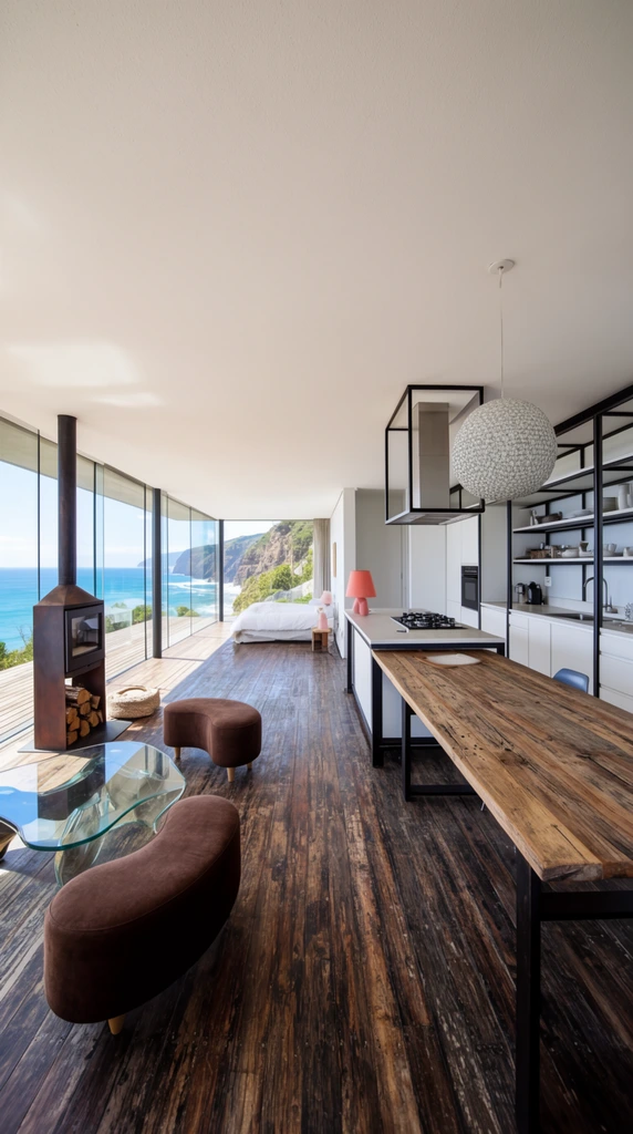 An expansive, open-plan modern coastal home interior features floor-to-ceiling glass walls overlooking a bright blue ocean and steep cliffs. The foreground is anchored by a long, rustic wood dining table extending from a kitchen island with a stovetop. The kitchen combines sleek white cabinetry, structural black metal framing, and open shelving, illuminated by a textured spherical pendant light. Adjacent to this, a living area includes a tall dark metal wood-burning stove with stacked logs, two brown kidney-shaped ottomans, and a free-form glass coffee table. Distressed dark wood flooring flows continuously through the space, leading past a coral-pink accent lamp towards a low white bed visible in the distance. Bright natural sunlight floods the room from the adjacent wooden deck, casting strong directional shadows and highlighting the sharp contrast between rich organic textures and minimalist white surfaces in this wide-angle architectural photograph.