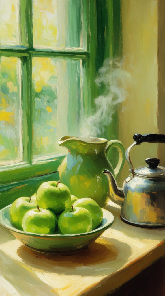 impressionistic still life oil painting, sunlit windowsill, bowl of bright green apples, glazed ceramic pitcher emitting curling steam, metallic silver tea kettle, bright natural light streaming through a green-framed window, thick expressive brushstrokes, impasto texture, warm green and yellow palette