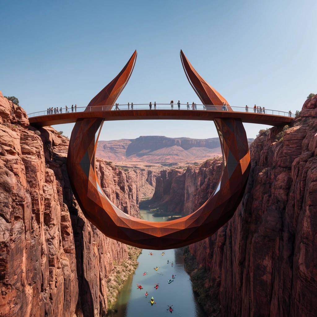 massive rust-colored metallic ring suspended between steep rocky cliffs, faceted exterior with two upward-sweeping peaks, panoramic viewing bridge, tiny humans on the circular walkway, deep rugged gorge, reddish-brown canyon walls, calm river flowing far below, scattered colorful kayaks on the water, distant plateaus, clear blue sky, monumental scale, symmetrical composition, photorealistic architectural rendering, dramatic bright daylight