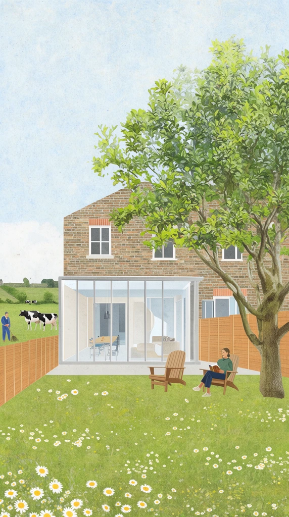Architectural collage of a modern glass home extension on a brick house, grassy lawn scattered with daisies, large tree, patio chairs, person reading, distant farmer with cows, mixed media illustration, soft daylight