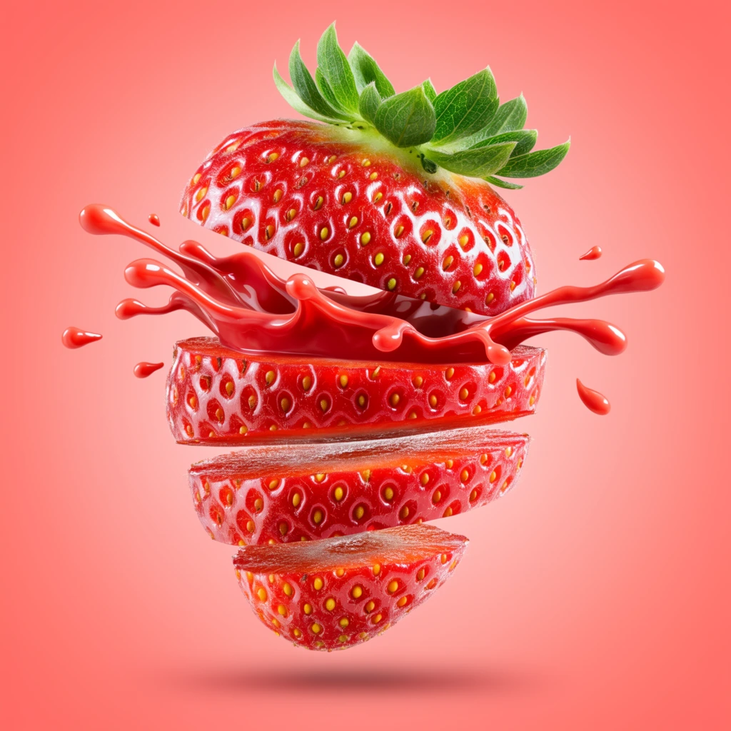A vibrant, ultra-sharp macro composite of a ripe strawberry floating against a soft coral-pink gradient background, horizontally sliced into four hovering sections. A dynamic splash of thick, high-gloss red liquid erupts violently from the gap between the top and second slice, forming curling tendrils and scattered floating droplets. The top section retains a fresh, vivid green leafy calyx. The strawberry's skin is bright crimson, heavily textured with tiny recessed yellow seeds that catch crisp studio highlights. The stylized fluid dynamics contrast sharply with the organic, pitted texture of the fruit, emphasized by dramatic commercial food lighting. A subtle, soft drop shadow grounds the floating composition at the very bottom of the frame.