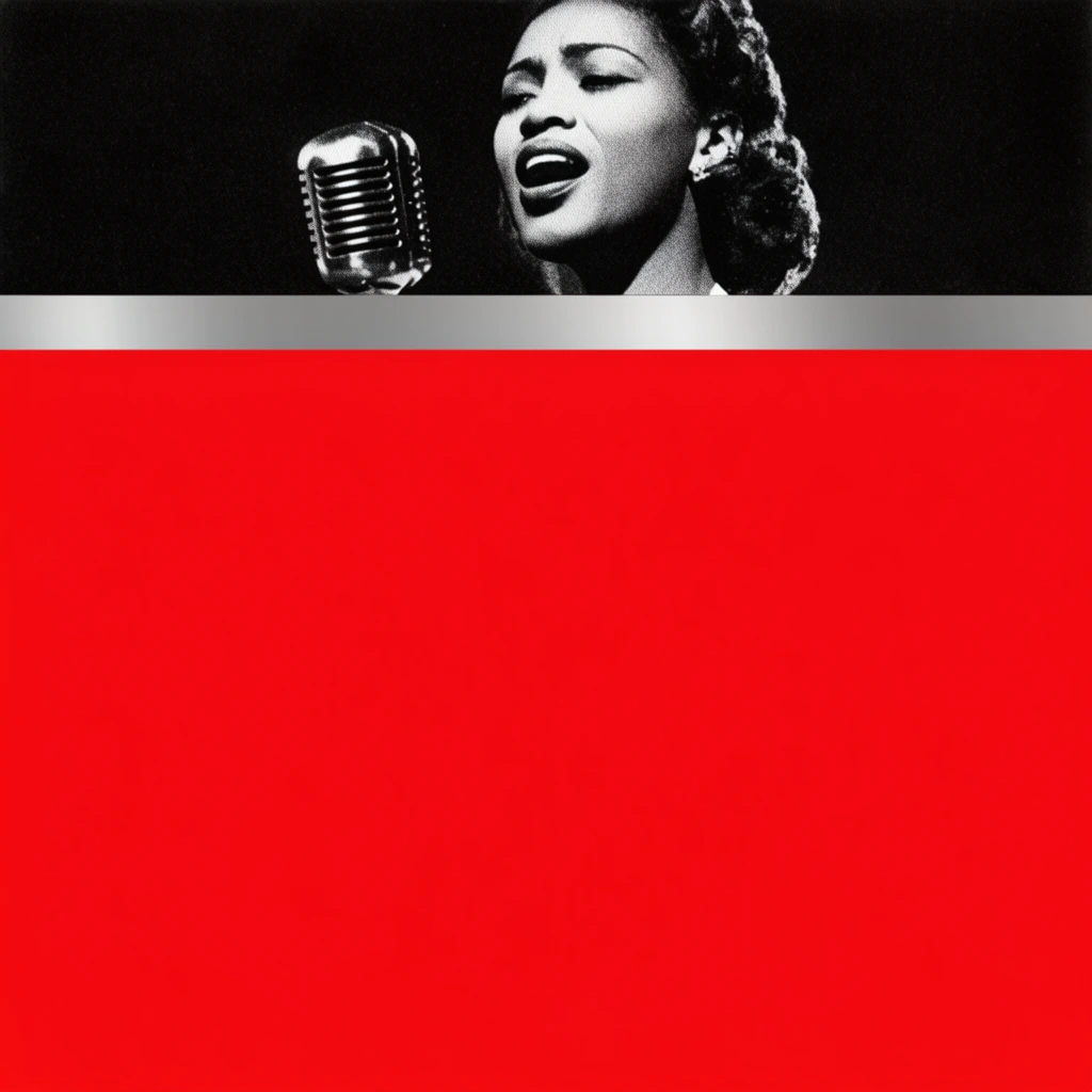 A striking minimalist graphic composition dominated by a massive, unbroken flat field of vibrant crimson red in the lower three-quarters. The upper quarter features a high-contrast, black-and-white halftone photograph of a female jazz vocalist singing into a vintage ribbon microphone against a pitch-black void. A thick metallic silver horizontal stripe sharply bisects the canvas, separating the gritty monochrome photographic section from the intense red color block below, creating a bold, poster-like aesthetic.