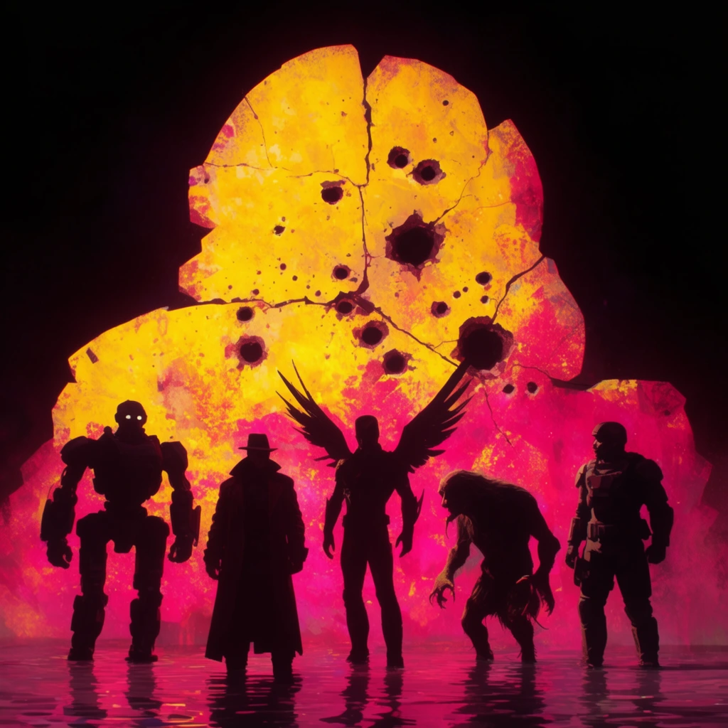 Five diverse figures stand in stark silhouette in shallow water against a pitch-black void. They are intensely backlit by a massive, glowing yellow and magenta abstract structure punctured by dark bullet holes and cracks. The shadowed team includes a hulking robot, a trench-coated figure, a winged humanoid, a hunched creature, and an armored soldier. Low-angle cinematic framing highlights the extreme contrast between the dark subjects and the violently textured, luminous backdrop.