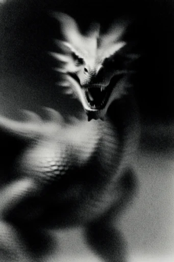Ethereal Monochrome Noir style reference image — heavy analog film grain