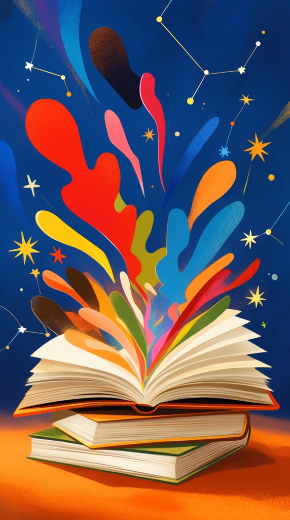 open book atop two stacked volumes, emitting dynamic colorful cut-out shapes and bright stars, dotted constellation lines, warm orange surface, deep blue background, whimsical digital illustration, granular shading