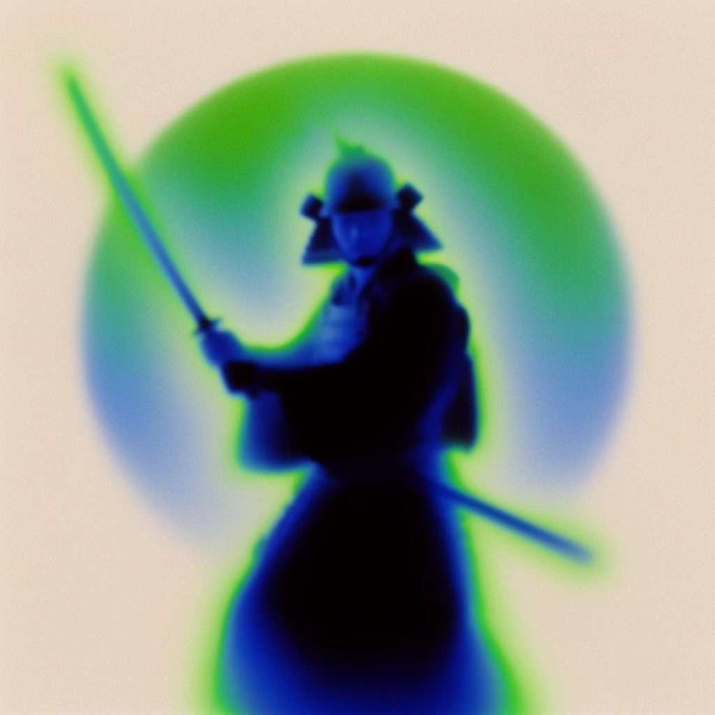 A man in samurai armor and a robe holds a sword defensively, standing centrally in front of a large sun, rendered entirely in a heavily blurred, high-contrast thermal imaging aesthetic. The figure, armor, robe, and sword form a dense pitch-black and deep ultramarine blue core that seamlessly transitions into a radiant, diffuse neon green glow along all outer edges. The large sun positioned directly behind the samurai mirrors this effect, appearing as a prominent circular aura of soft green and blue gradients fading outward. Form, depth, and the overlapping relationships between the defensive posture and the sun are defined exclusively through these luminous, soft-focus color shifts, characterized by heavily diffused, glowing contours. The minimalist composition is set against a flat, warm off-white background, overlaid with a prominent, uniform layer of coarse film grain textured across the entire image, resulting in a distinct, abstract aura-photography visual style.