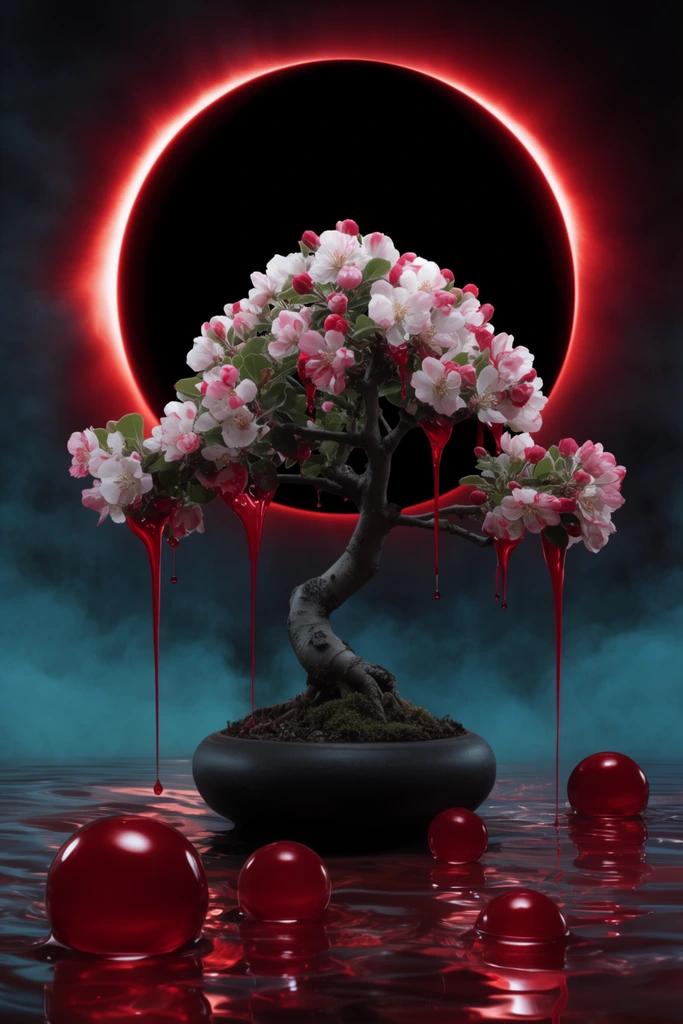 blooming bonsai with pink and white flowers dripping thick red liquid, planted in a dark matte bowl, resting on a rippled reflective liquid surface, glossy crimson spheres floating in the foreground, massive black eclipse with glowing red edge, dark cyan smoky background, surreal dark fantasy, dramatic color contrast, cinematic lighting