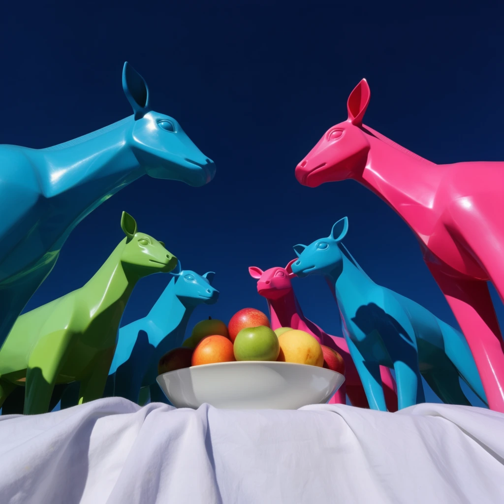 Six towering animals surround a fruit bowl on a draped cloth, viewed from an extreme low-angle perspective against a deep, solid navy blue sky. The animals and fruit feature smooth, glossy, plastic-like textures rendered in highly saturated cyan, hot pink, and lime green. Harsh direct sunlight illuminates the scene, casting razor-sharp, high-contrast dark shadows across the crisp white cloth and pristine surfaces. The monumental composition utilizes hyper-clean, surreal pop-art aesthetics, sleek geometric forms, and intense color contrast to emphasize immense scale.