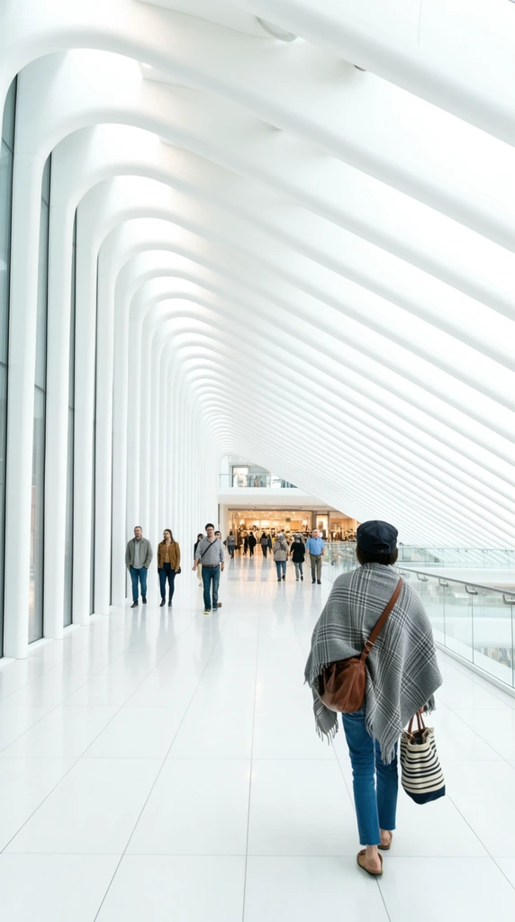 A futuristic pedestrian corridor defined by massive, repeating white architectural ribs arching overhead. In the right foreground, a walking figure viewed from behind wears a dark cap, a grey plaid shawl, and blue jeans, carrying a brown leather bag and a striped tote. Down the glossy white tiled floor, casually dressed pedestrians stroll toward a distant illuminated retail space. The pristine, high-key interior features tall glass panes on the left and a glass balcony railing on the right, captured with a wide perspective emphasizing the sweeping geometric tunnel and bright, diffused lighting.