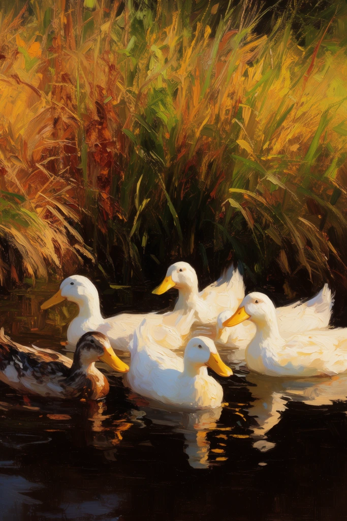 An impressionistic oil painting features a flock of ducks swimming in dark, reflective water against a dense bank of marsh reeds. Five luminous white ducks with bright yellow bills cluster alongside one darker duck with mottled brown plumage. The deep blackish-brown pond mirrors their bodies in rippled reflections. Behind the flock, tall grasses are rendered with energetic, thick brushstrokes of ochre, burnt sienna, and vivid green. Bathed in warm golden sunlight, the artwork utilizes heavy impasto techniques to emphasize feathery textures and sun-dappled foliage, creating a striking chiaroscuro effect against the deep shadows.