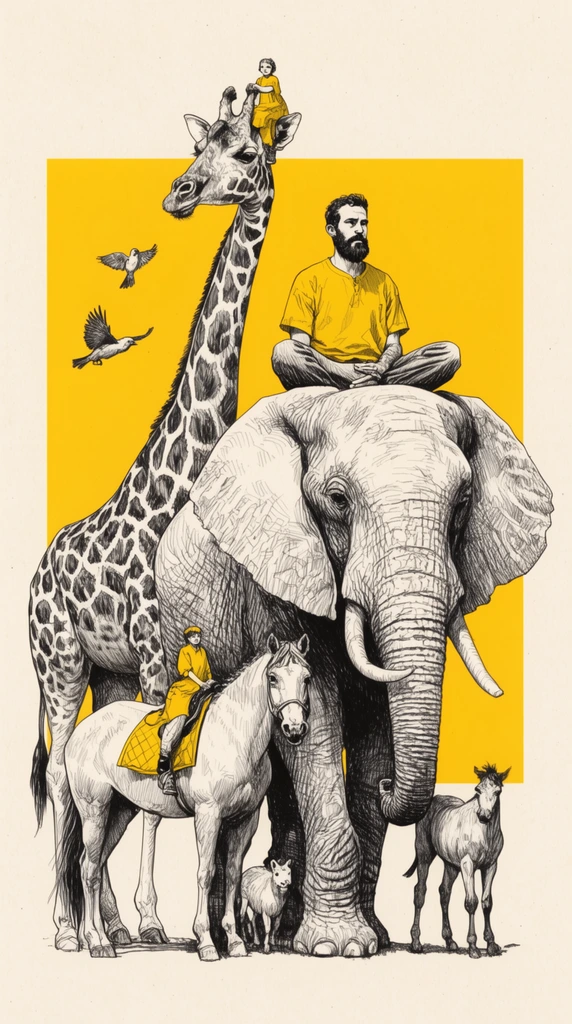 A detailed black-ink illustration features a bearded man sitting cross-legged atop a grand elephant, accompanied by a towering giraffe, a horse with a tiny rider, and smaller animals. Dense cross-hatching defines the elephant's wrinkled hide and the giraffe's patterned coat. A small figure perches on the giraffe's head, while birds flutter nearby. Rendered on cream-colored textured paper, the surreal composition is anchored by a solid yellow background square, with vibrant yellow accents highlighting the man's shirt and the small figures' garments.