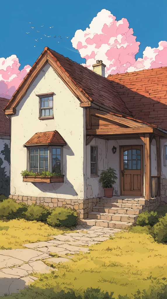 idyllic two-story suburban house, anime-style architectural illustration, off-white stucco walls, rustic stone foundation, pitched terracotta shingle roof with small chimney, wooden front door with glass panes, stone front steps, covered wooden porch, bay window with planter box, low green bushes along the foundation, potted plant beside the entrance, cracked stone pathway leading through yellowish-green grass, bright clear blue sky, towering fluffy pink and white cumulus clouds, small flock of distant flying birds, strong diagonal cast shadows, bright afternoon sunlight, crisp ink outlines, vibrant flat coloring