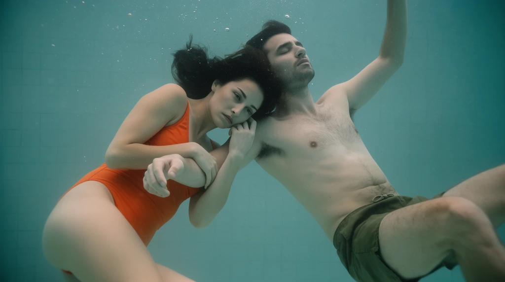 man and woman suspended weightlessly underwater, woman in bright orange one-piece swimsuit resting her head on the man's arm, dark floating hair, somber stare, shirtless man in olive green trunks with eyes closed, arm reaching upward, relaxed bent legs, tiny air bubbles rising, muted teal pool water, faint tile grid background, cinematic underwater photography, soft diffused lighting, teal and orange color contrast, dreamlike atmosphere