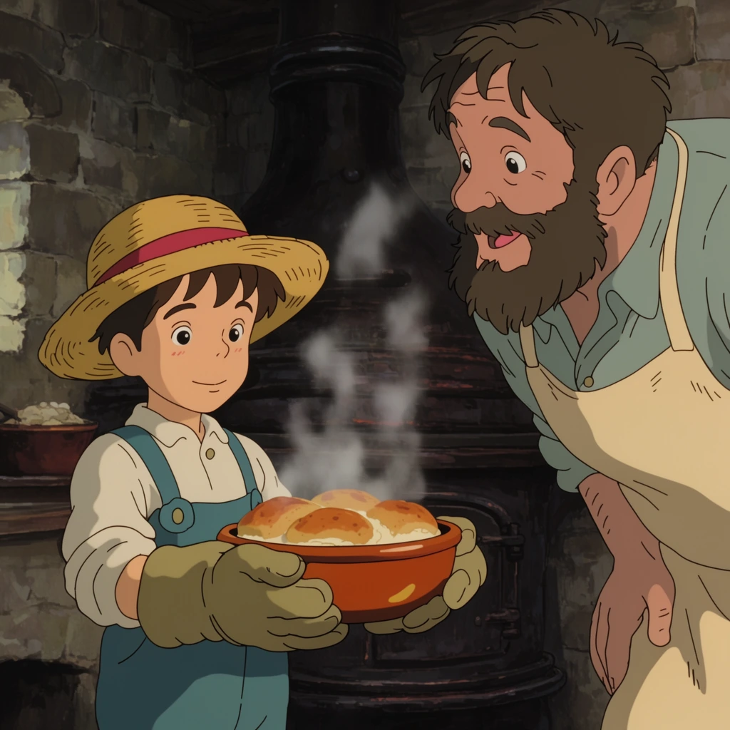 A boy in overalls and a straw hat uses thick gloves to hold a steaming dish of bread. Beside him, a bearded man in an apron leans in eagerly. They stand in a rustic stone kitchen with a large iron furnace, rendered in a nostalgic 2D animation style with soft lighting.