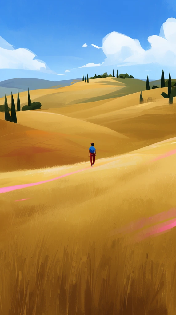 vast rolling golden hills, tiny solitary figure walking in center wearing blue shirt and red pants, scattered dark green cypress trees on distant ridges, bright blue sky with white clouds, stylized digital painting, painterly brushstrokes, wide panoramic shot, vibrant earthy palette, subtle pink light streaks across golden grass