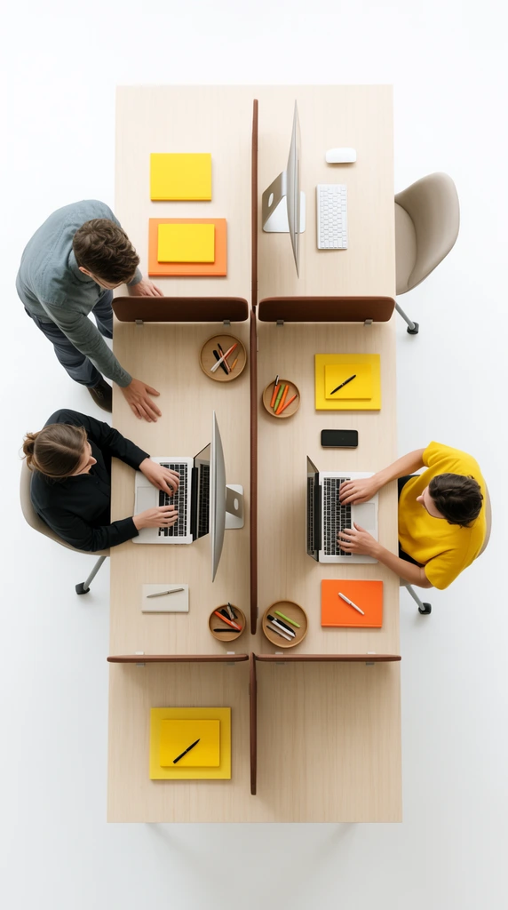 A bird's-eye view of three people working at a long light-wood communal desk on a seamless white floor. A seated person types on a silver laptop while a standing colleague leans over the workstation. Opposite them, a third person in a yellow shirt works on another laptop. The minimalist desk is neatly arranged with bright yellow and orange notebooks, round wooden pen trays, brown privacy dividers, and an unoccupied desktop computer station. High-key studio lighting creates a clean flat-lay composition.